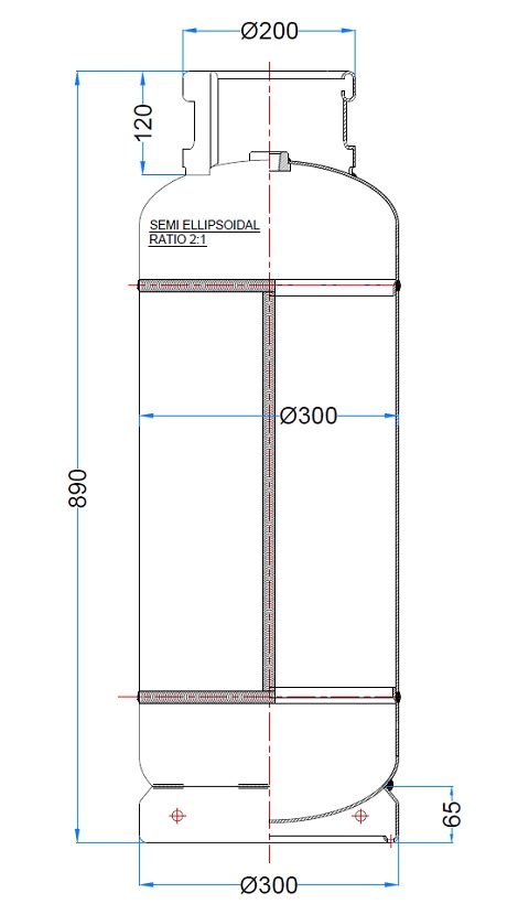 Design of 20 Kg Domestic LPG Cylinder 48L-Type2 with Dimensions Displayed